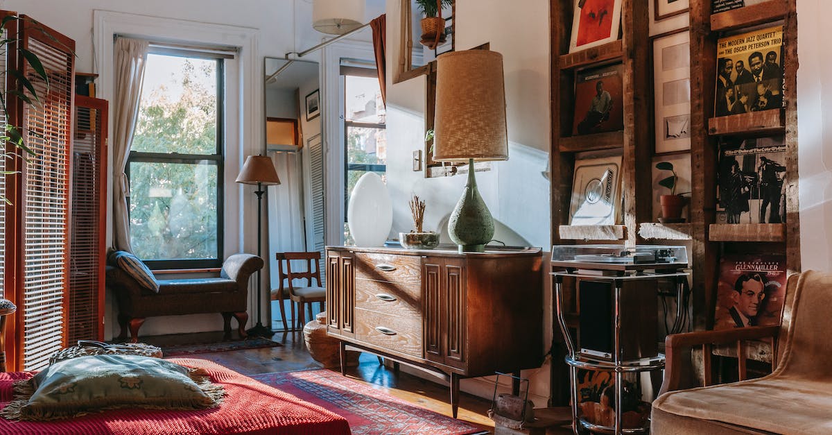 Interior of cozy studio with bed and couch decorated with vintage furniture and vinyl records